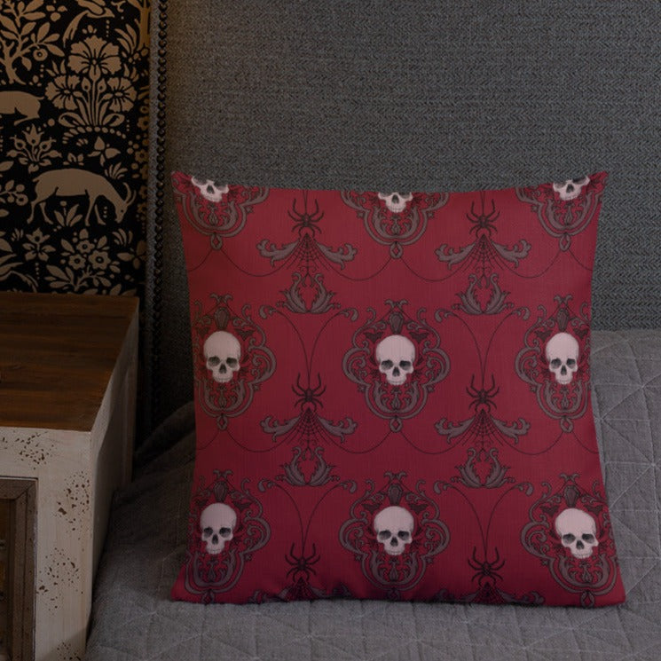 Ruby Red Damask Skull Pillow