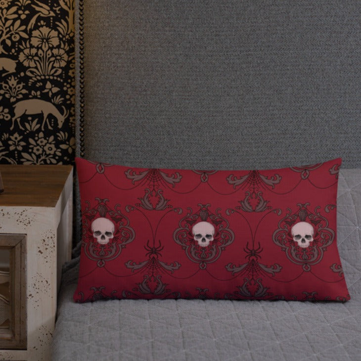 Ruby Red Damask Skull Pillow