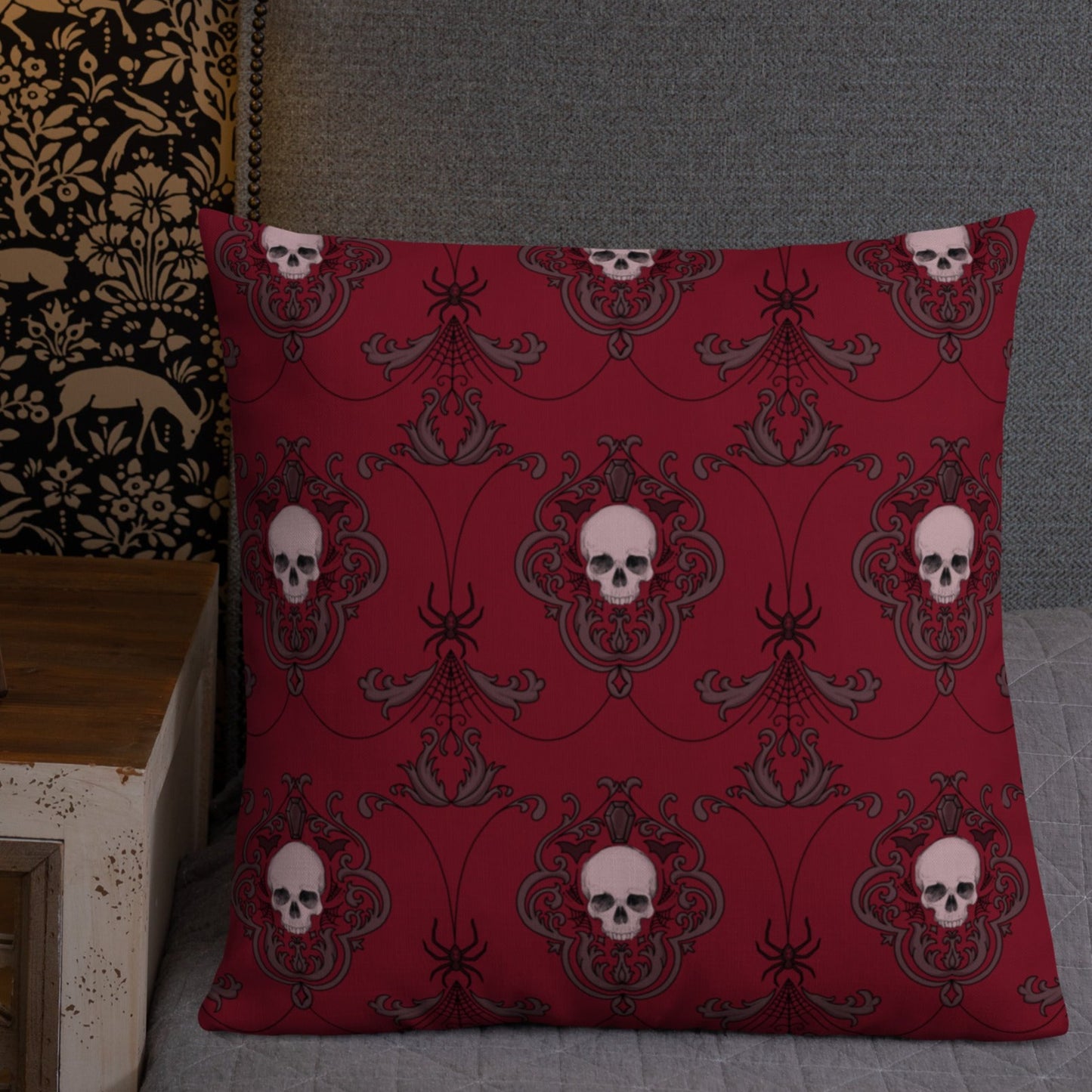 Ruby Red Damask Skull Pillow